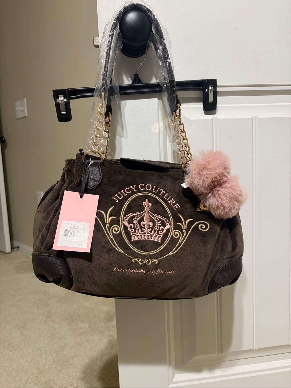 Juicy Couture Brown Velour Shoulder Bag with Pink Pom Charm